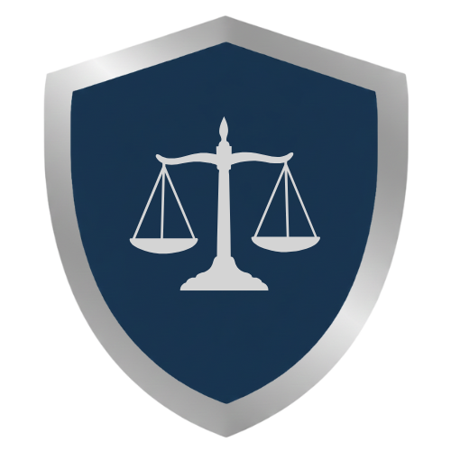 Ein silbernes Schutzschild mit blauer Oberfläche und einer Waage der Gerechtigkeit in der Mitte.